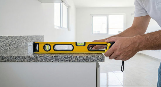 mão com ferramenta de medição/nível